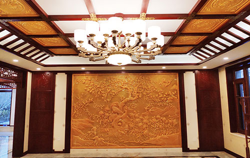 罗湖中式别墅客厅中式木作横梁吊顶装饰展示